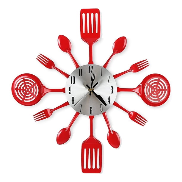 Relojes de Pared de Cocina Grandes de 16 Pulgadas con Cucharas y Tenedores, Reloj de Pared de Vajilla 3D, DecoracióN del Hogar (Rojo)