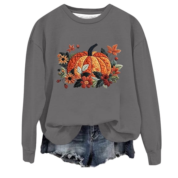 Gunia Pumpkin Halloween Sweatshirt Women Unisex Graphic Print Long Sleeve Hoodless Crewneck Sweatshirt Casual Pullover Tops Fashion Streetwear Fall Trendy Clothes Grey S-2Xl