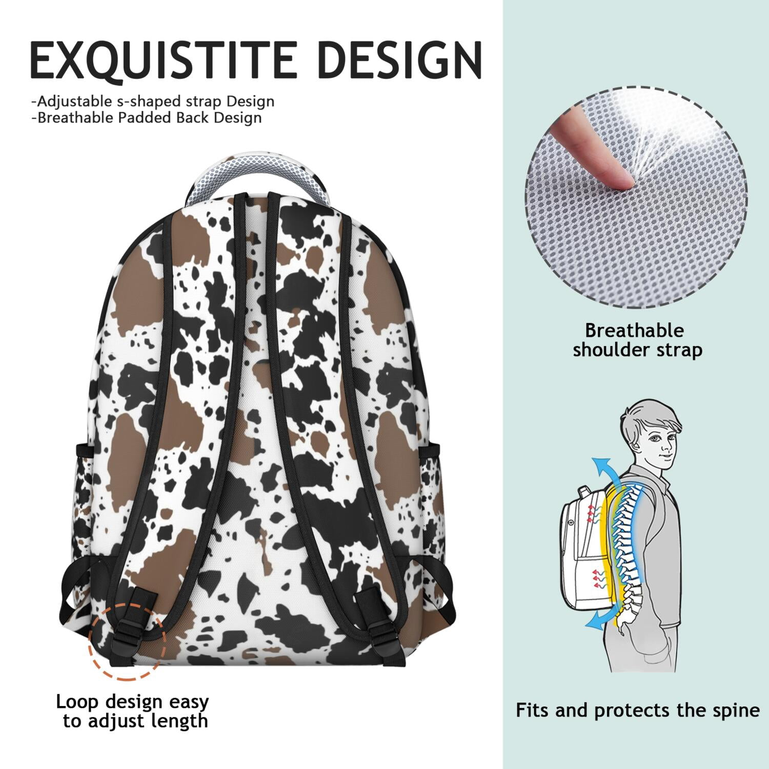 Cow Print Backpack for School,Schoolbag with Adjustable Shoulder Straps & Padded Back,15.3"x11"x7.1".