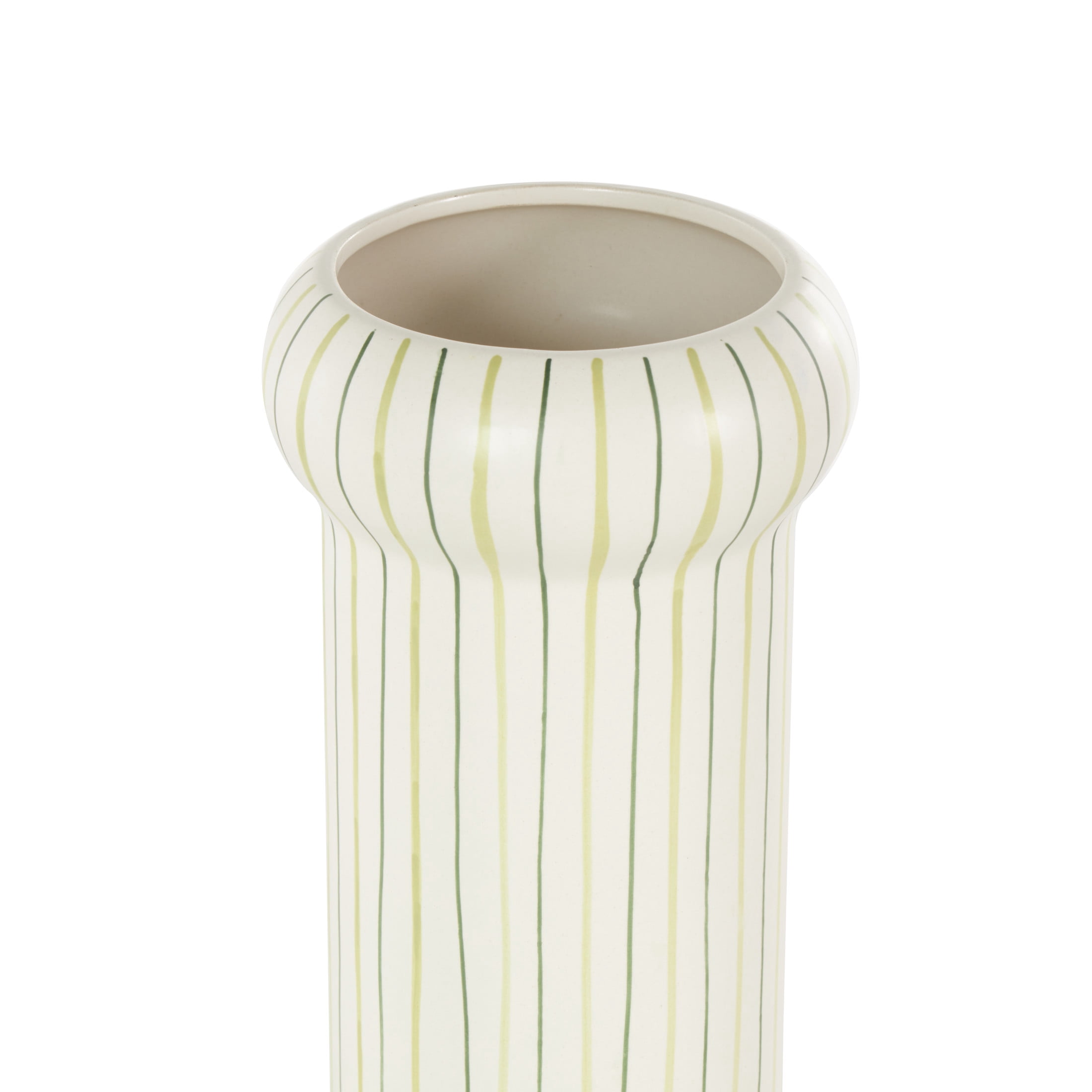 DecMode 12" Abstract Round White Ceramic Vase with Green Linear Patterns