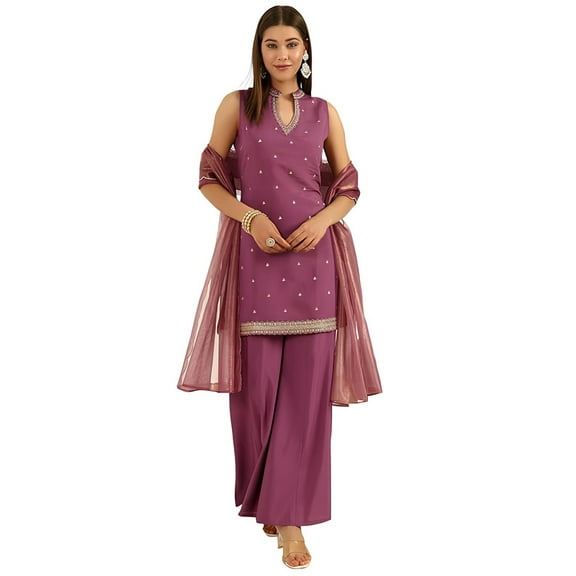 FIORRA Women's Lavender Viscose Chanderi Straight Kurta with Palazzo and Dupatta - Indian Ethnic Traditional Wear Kurta Set