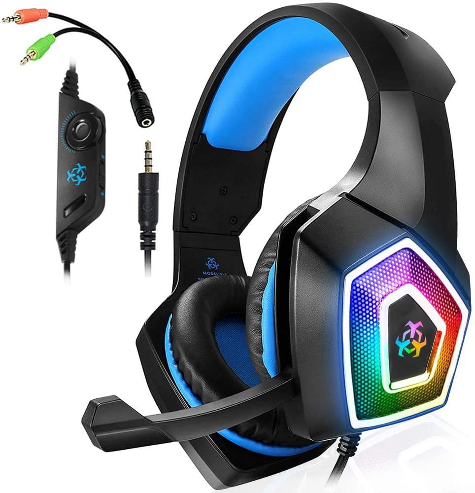 Andes snijden Wiskundig Gaming Headset with Mic for Xbox One PS4 PS5 PC Mac Switch Tablet  Smartphone, Headphones Stereo Over Ear Bass 3.5mm Microphone Noise  Canceling 7 LED Light Soft Memory Earmuffs (Blue) - Walmart.com