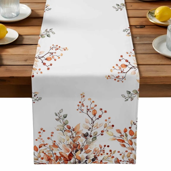 Fall Leaves Cotton Linen Table Runner for Dining Kitchen, Farmhouse Orange Eucalyptus Leaf Floral Wedding Outdoor Party Tablerunners Decoration, Dresser Scarf Coffee Tablecloth Runners 13x60 Inches