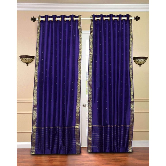 Lined Ring Top Sari Curtains 43" W X 96" L matching tiebacks- Handcrafted Purple Indian Drapes with Lining, Offering Privacy and Insulation for Living Room/Bedroom/Dining Room, Sold in Pairs