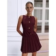 thumbnail image 5 of Women Sleeveless Business Work Office Mini Dress Sleeveless Button Formal Short Pleated Dress Wine Red M, 5 of 9