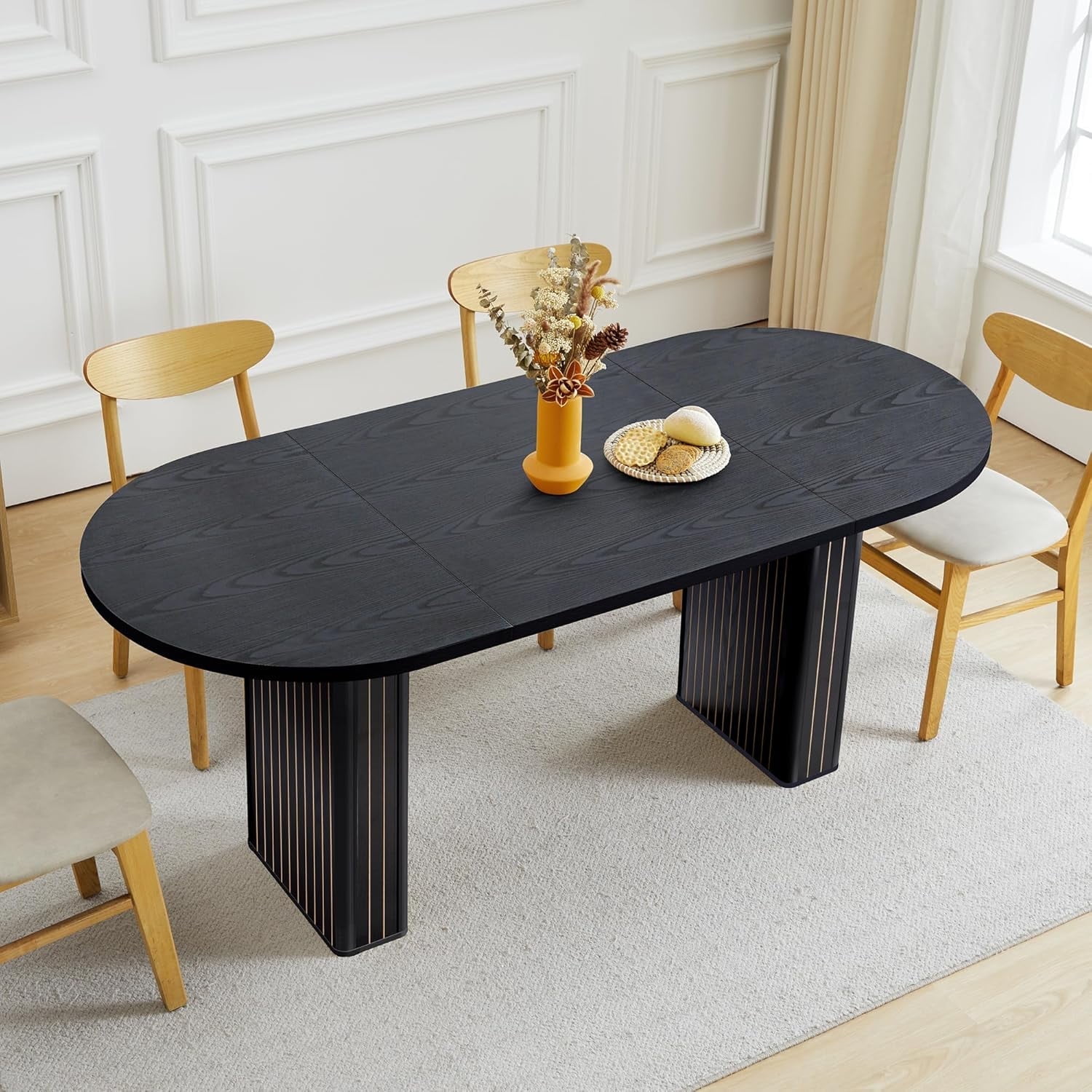 70.8 Inch Dining Table for Rustic Farmhouse, Oval Kitchen Dining Room Table with Wooden Base for Meeting Room Reception Room (Black)