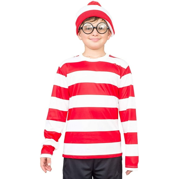 Where's Waldo Shirt Hat and Glasses Deluxe Halloween Costume Cosplay
