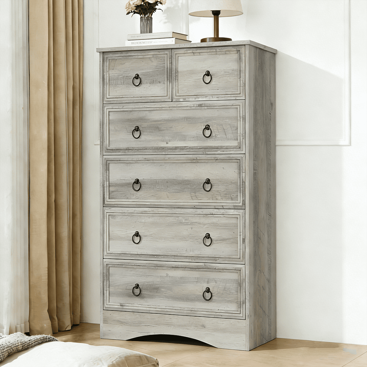 Meteorleg Farmhouse 6 Drawer Dresser, Grey Chest of Drawers, 48" Tall Dressers for Bedroom, Rustic Wood Storage Organizer for Living Room, Hallway, Closet