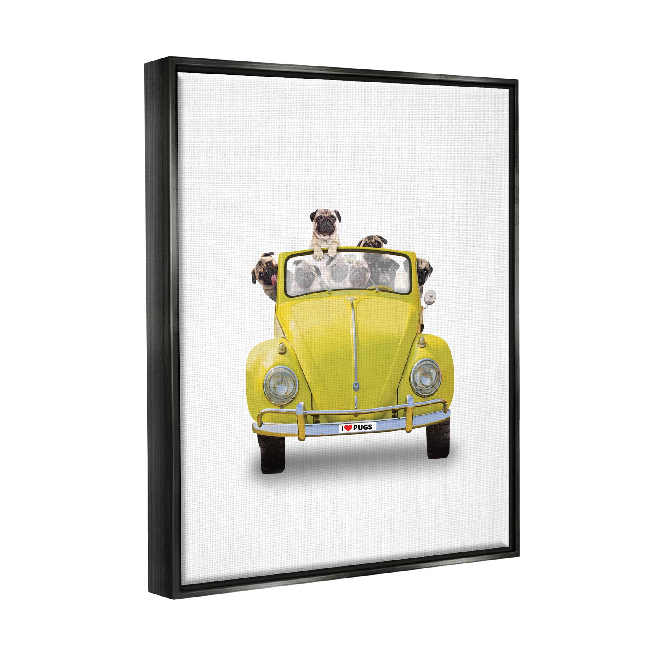 Yellow Antique Car Love Pugs Animals & Insects Graphic Art Jet Black Framed Art Print Wall Art
