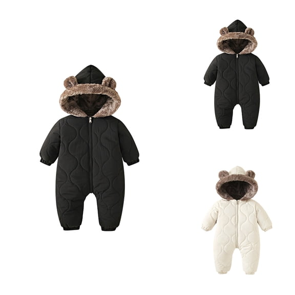 Warm Lined Winter Romper Jumpsuit with Ears, Thickened Padded Hooded Snowsuit Outfit for Toddler Boys, Baby Boy One-Piece Coat Clothes Outwear
