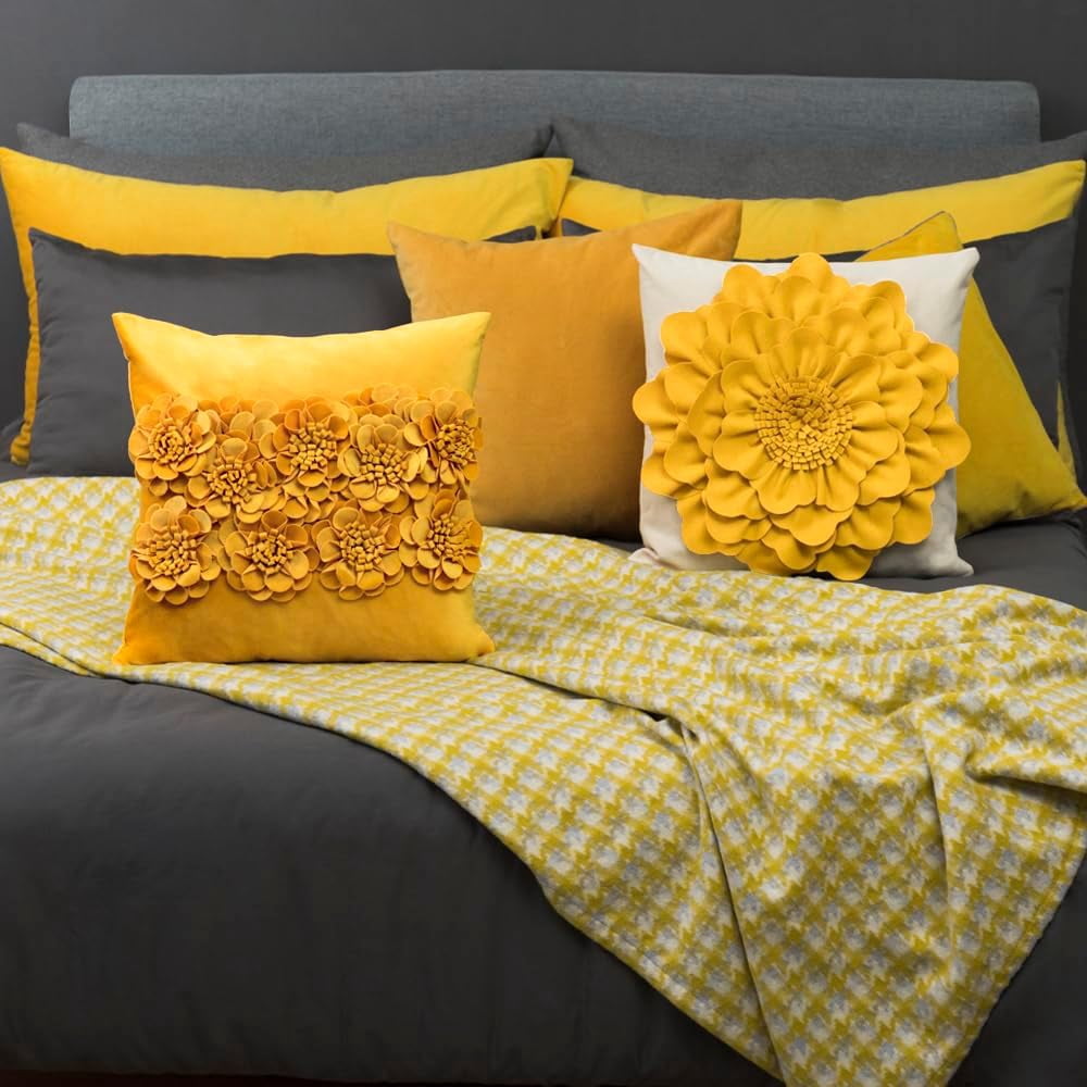JWH 3D Handmade Square Soft and Smooth Decorative Velvet Flower Pillow Covers 18x18inch Yellow for Room Sofa Bedding Decor