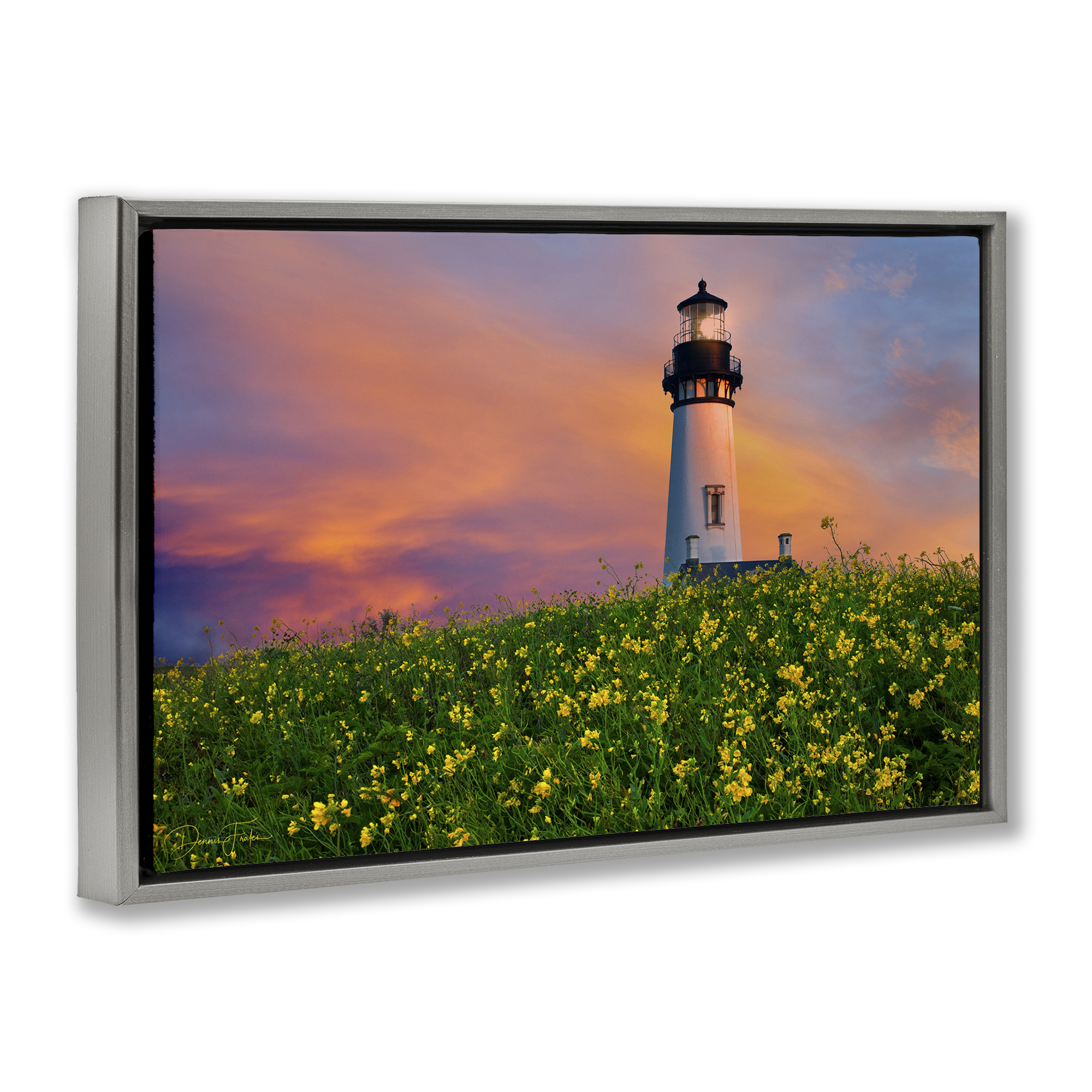 Stupell Industries Lighthouse & Floral Meadow Coastal Photography Gray Floater Framed Canvas Art Print Wall Art, 31 x 21