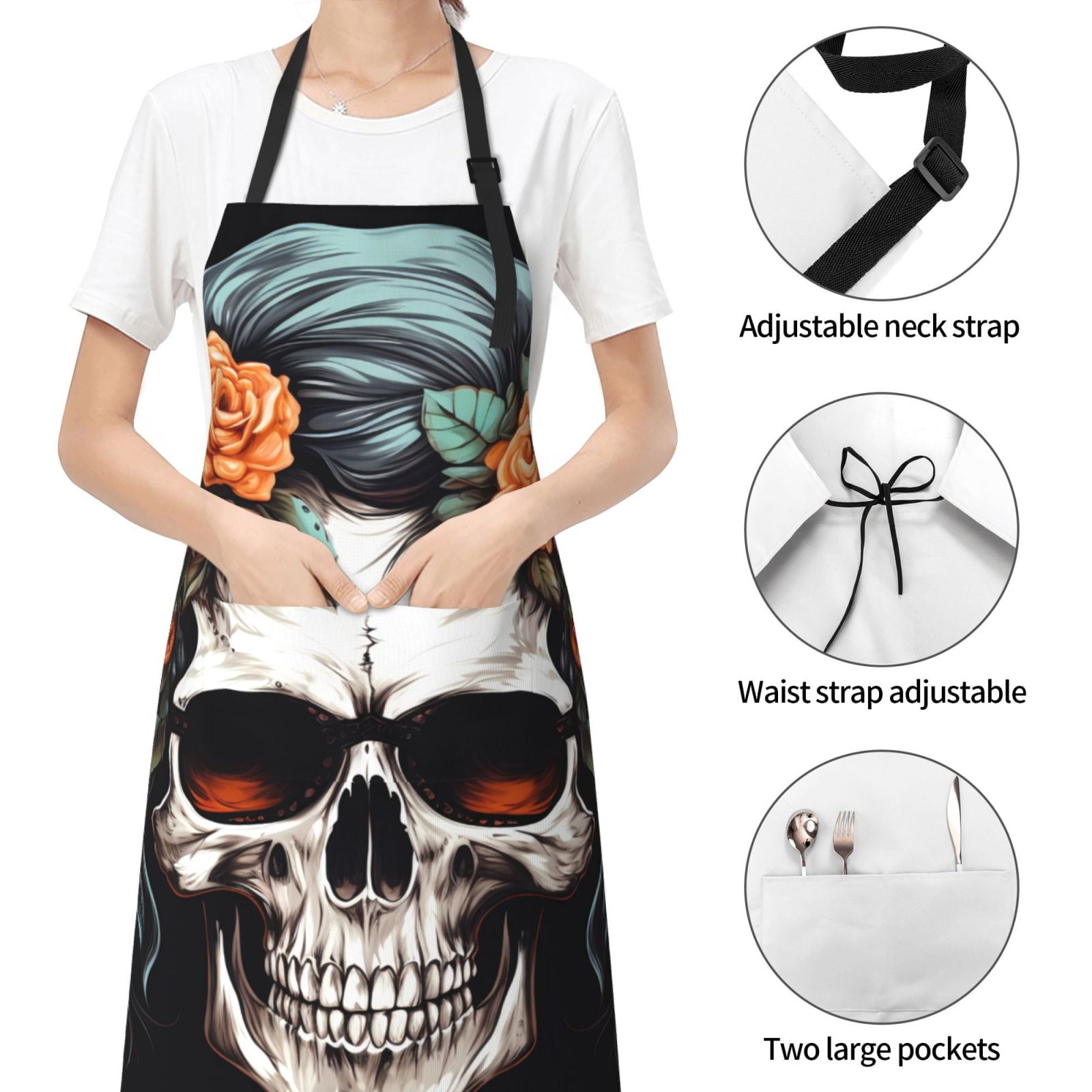 Kdxio Flower Horn Skull Apron with Pockets Adjustable Kitchen Aprons for Men Women Waterproof Aprons for Cooking,Drawing,Crafting, Baking Household Cleaning