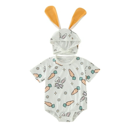 

Chenyuanyuan Baby Girl Clothes Summer Girls Boys Easter Rabbit Carrot Prints Romper Bodysuit Hat 2pcs Sets Party Size 6-12 Months