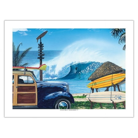Break Time - Retro Woodie on Beach with Surfboards - Big Wave Surfer - From an Original Color Painting by Scott Westmoreland - Bamboo Fine Art 290gsm Paper Print (Unframed) 18x24in
