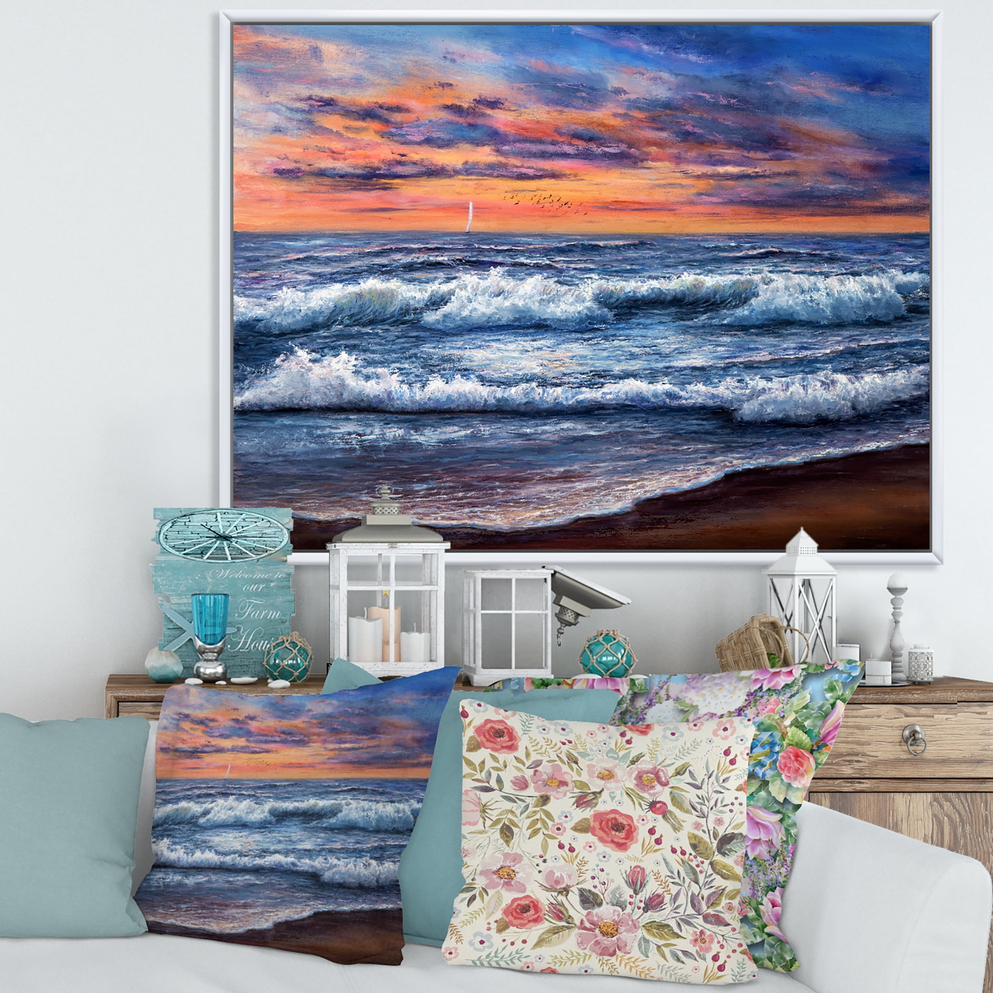 Designart 'The Blue Ocean In Sunset Evening II' Nautical & Coastal Framed Canvas Wall Art Print