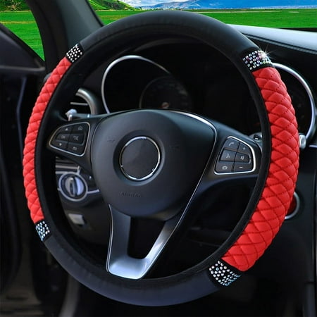 Car Diamond Steering Wheel Cover Elastic Without inner Ring Black Red 1Pack