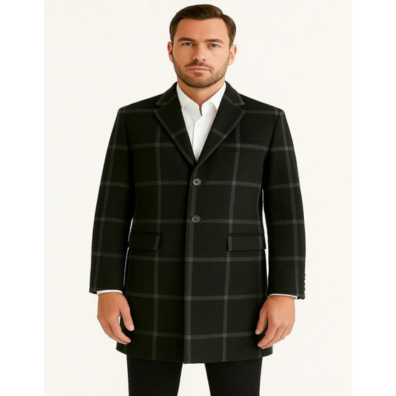 Mens Black Windowpane Wool Overcoat – Big Plaid Pattern Classic Checkered CarCoat