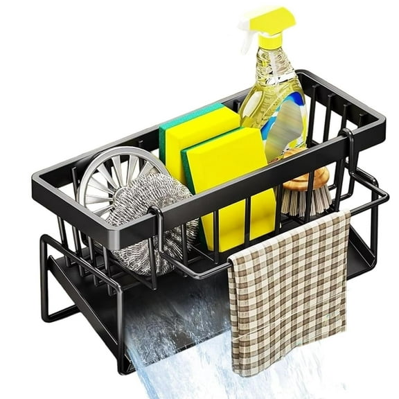 Sponge Holder for Kitchen Sink, Self Drain Rust Resistant Kitchen Sink Organizer with Removable Dishcloth Rack, Soap Dispenser Brush Holder Storage for Bathroom and Counter, Black