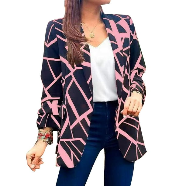 Women Printed Suit Jacket Open Front Long Sleeve Turn Down Collar Slim