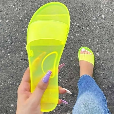 

MRULIC slippers for women Women s Fashion Flat Transparent Slipper Laides Casual Slip On Round Toe Shoes house slippers for women Green + US:8