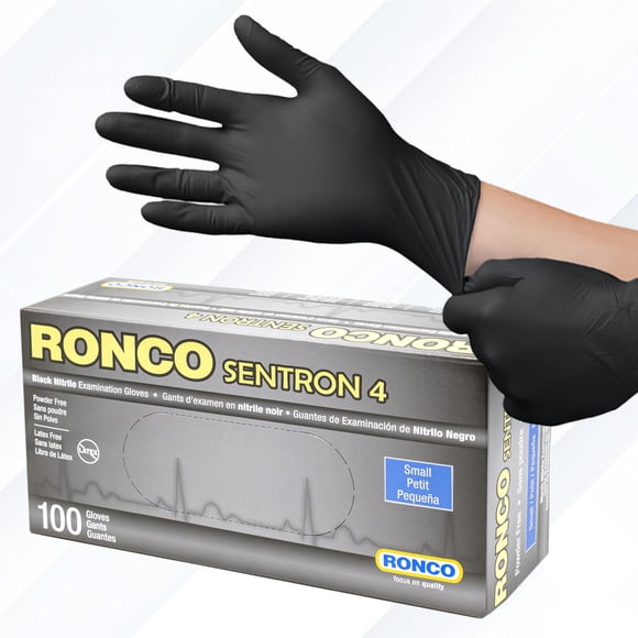 Black Disposable Nitrile Gloves, Small, Heavy Duty, Powder-Free, Industrial Grade, 4 MIL Thickness, Texture, Ronco Sentron4 (Small) 100 Gloves