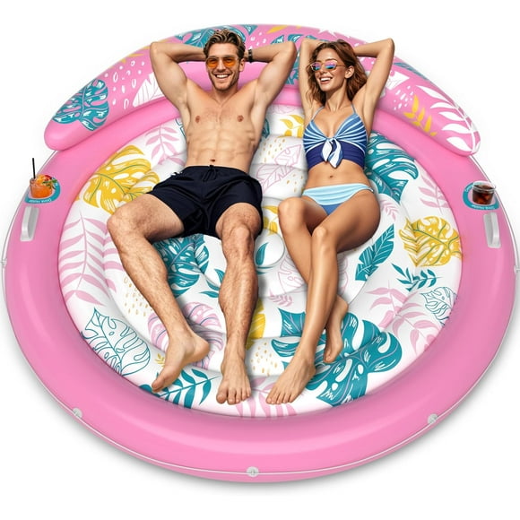 PinkPool Floats Adult, Inflatable Tanning Pool - Extra Large Pool Floats for Adults Heavy Duty, Round Pool Rafts, River Lake Floaties Water Floats with Cup Holders