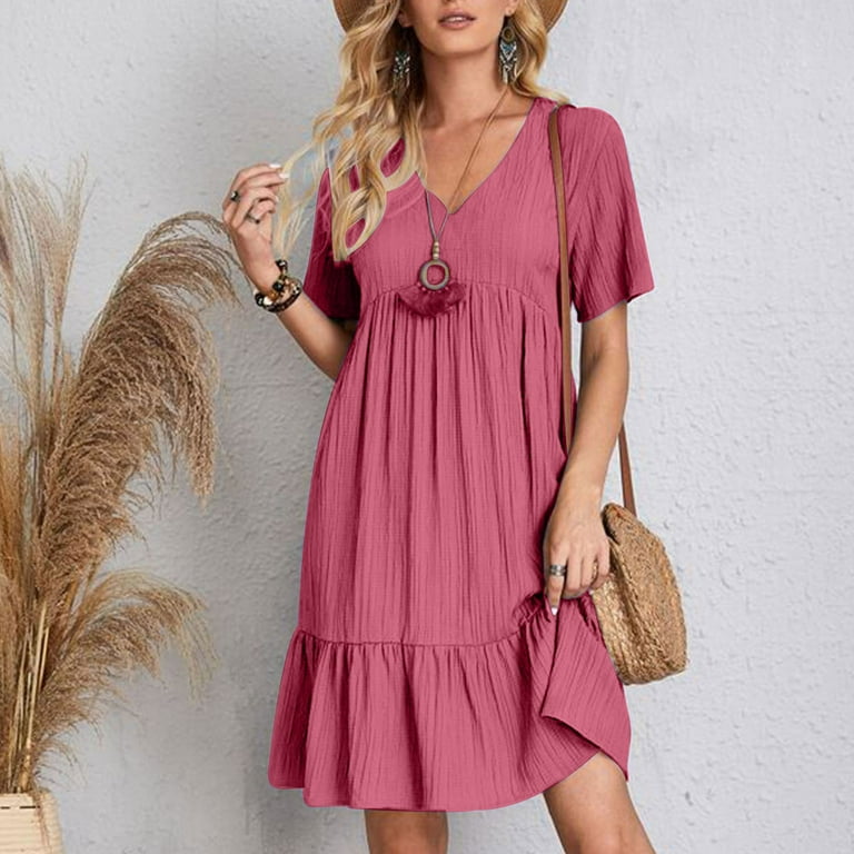 Hot Pink Women Vneck Dresses for Women Short Sleeve Midi Mini Petite Knee  High Brunch Plain Fall Summer Dresses 2025 Clothing 3XL - Walmart.com