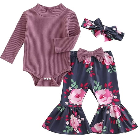 

PIKADINGNIS Infant Baby Girl Fall Winter Outfits Solid Turtleneck Long Sleeve Ribbed Romper Floral Flared Pants Headband 3PCS Set