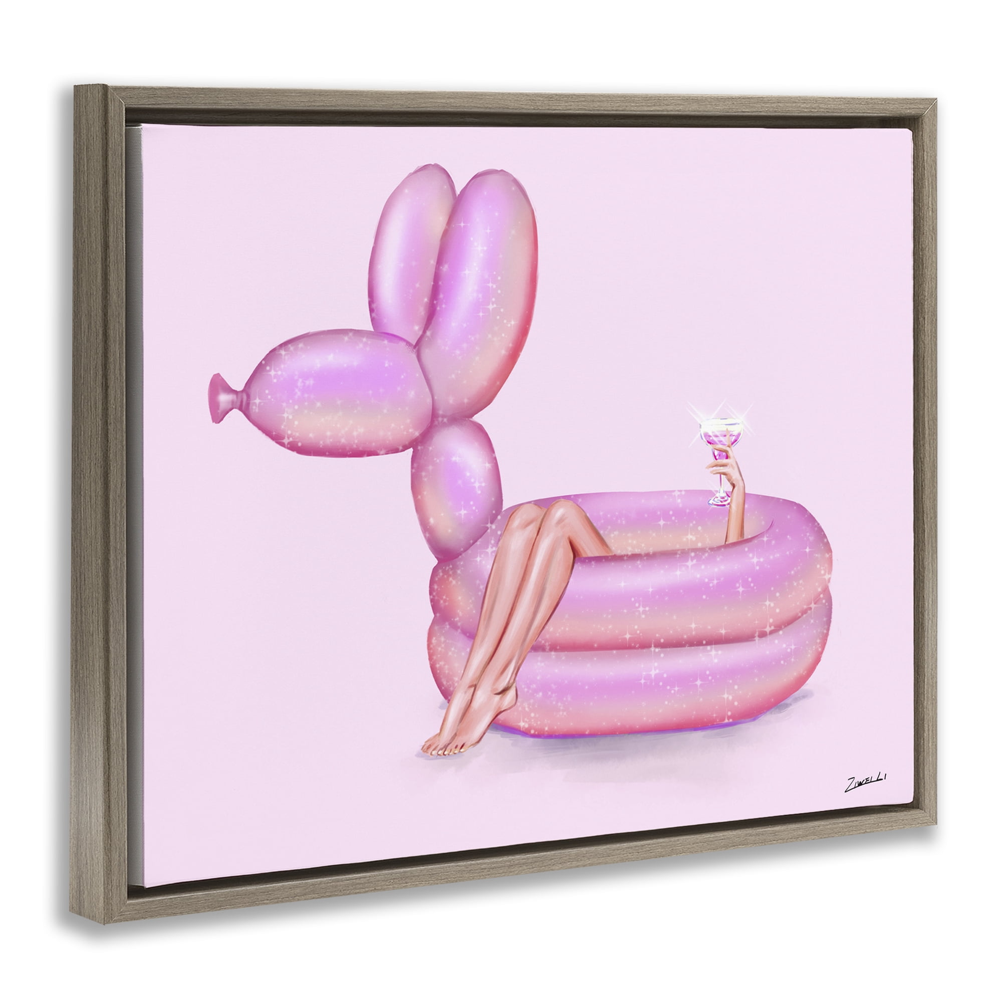 Stupell Industries Balloon Animal Pool People Painting Brown Floater Framed Canvas Art Print Wall Art, 21 x 17