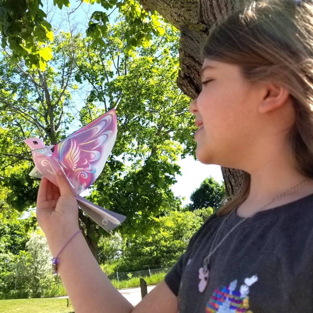 Self Flying eBird Pink Butterfly - Electronic Flying Bird Drone Toy. Adjust the Rudder to Make the Flapping Wings Bird Fly Forward and Back to You. 3 Flying Modes! No Remote Control Needed, USB Charge