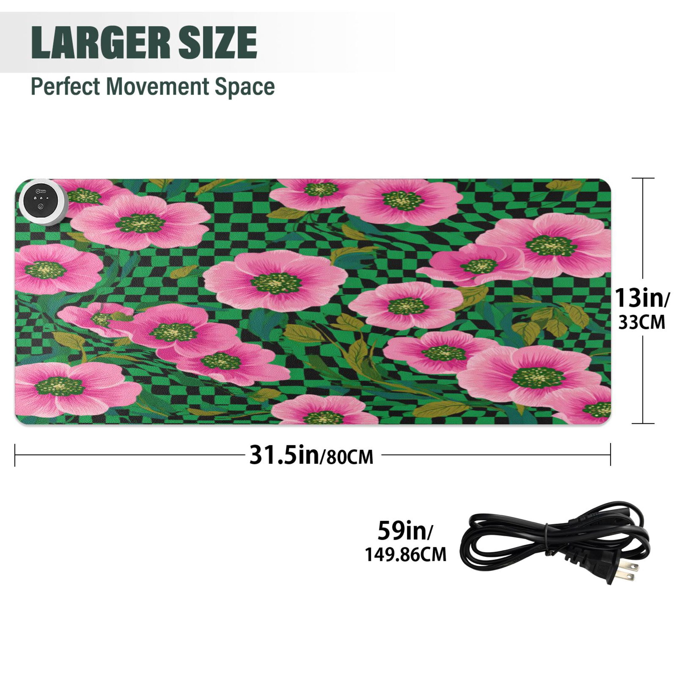 Large Heated Desk Mat Mouse Pad 31.5"x13"PU Leather Graphene Heating Desk Warmer with 3 Temperature Settings 110V US Plug Non-Slip Warm Pad for Home, Office, and Gaming Groovy Green and Pink Flowers