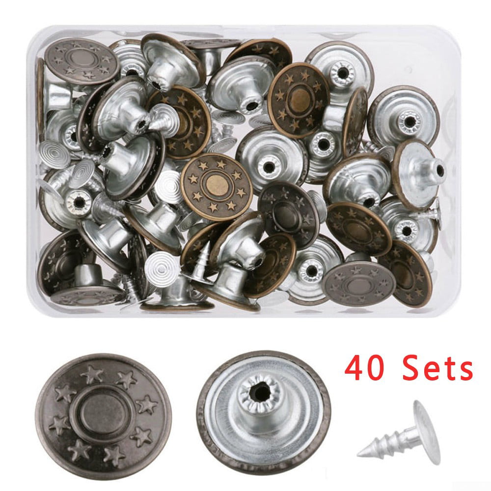 40 Sets Metal Jeans Tack Press Snap Star Buttons Replacement w/Rivets+Box 17mm 