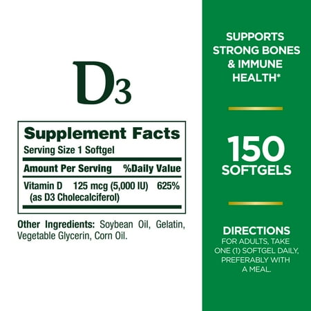 Nature's Bounty Vitamin D3, Immune and Bone Health Support, 125 mcg, Vitamin Supplement, Softgels, 150 Count