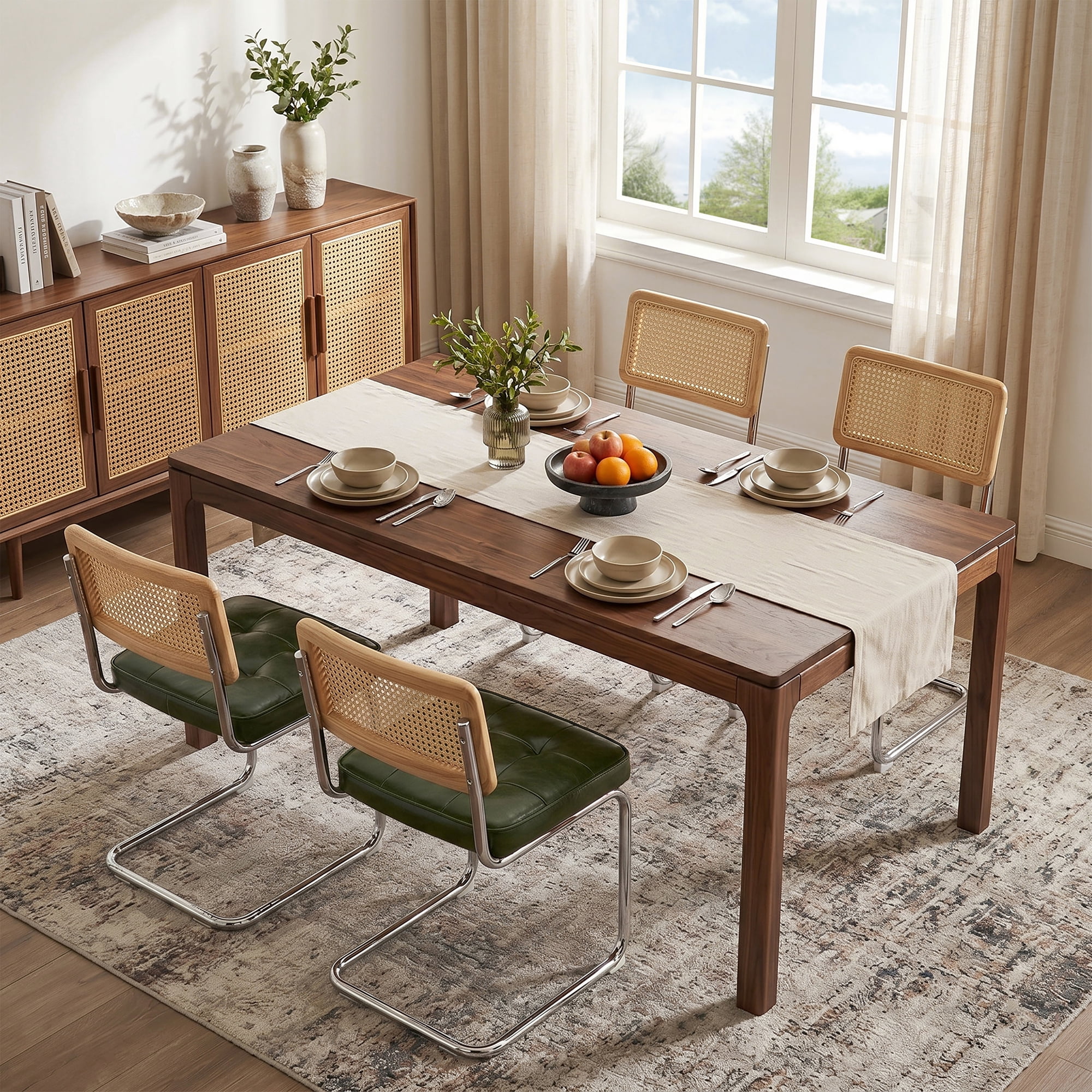 Zesthouse Rattan Dining Chairs Set of 4, Faux Leather Upholstered Side Chairs with Cane Back and Chrome Legs, Mid-Century Modern Dining Living Room Kitchen Chairs, Green