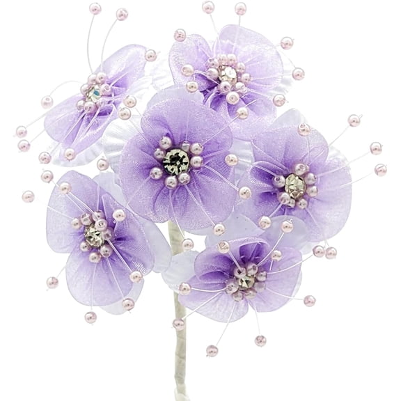 72PC Lavender Artificial Organza Flower Rhinestone Pick for Home Craft Decor DIY Wedding Bridal Veil Headband Dress Cake Topper Embellishment Scrapbook Favor Corsage Floral Bouquet Arrangement