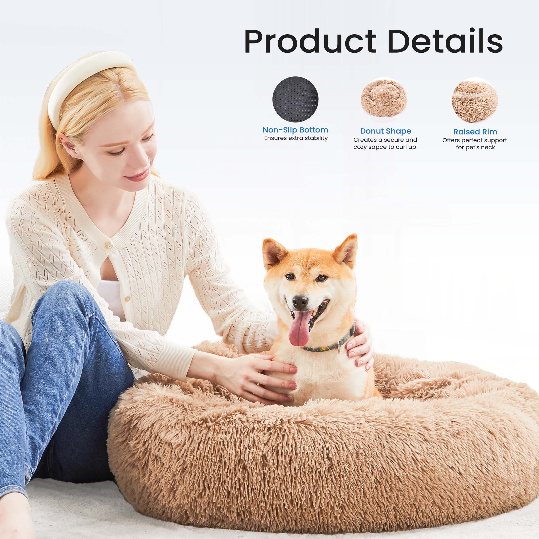 edx Calming 30" Donut Dog Bed, Soft Warm Cozy Plush Round Fluffy Pet Bed for Large Dogs, Machine Washable, Brown