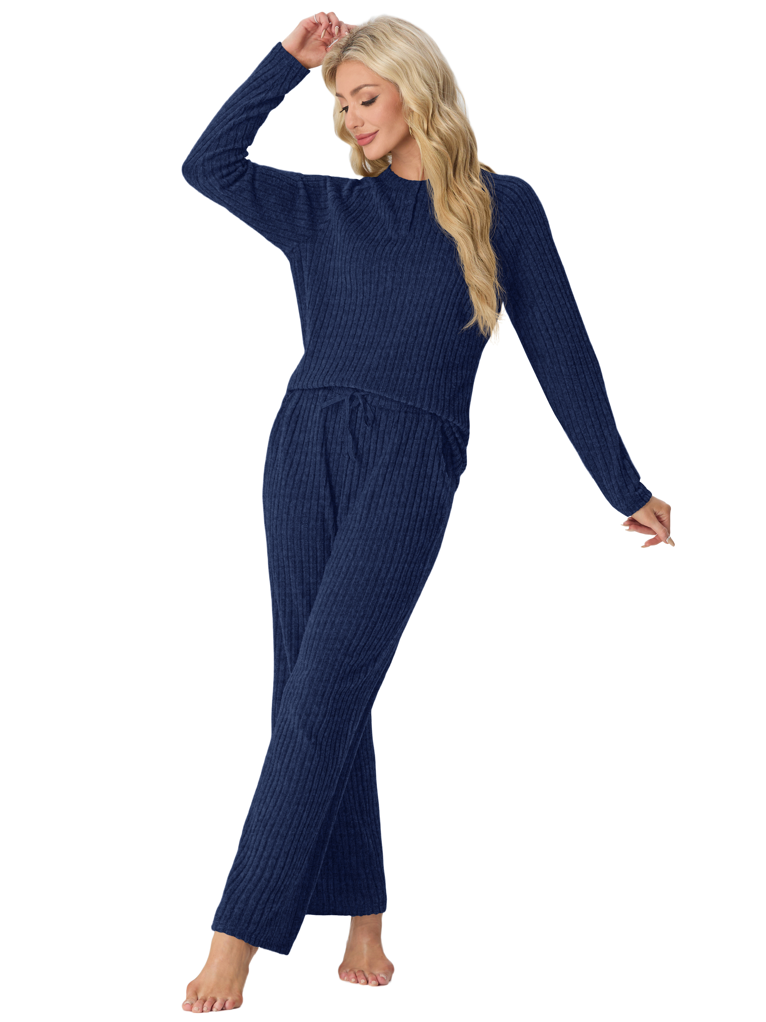 MINTREUS Women's Ribbed Knit Pajama Set Long Sleeve photo 3