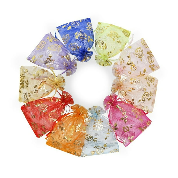 Advancent 100 Uds. Bolsas de Organza bolsas para envolver regalos con cordón caramelos regalo fiesta Navidad cumpleaños aniversario Festival Almacenamiento y organización del hogar Patrón de rosa Advancent HA010029-03