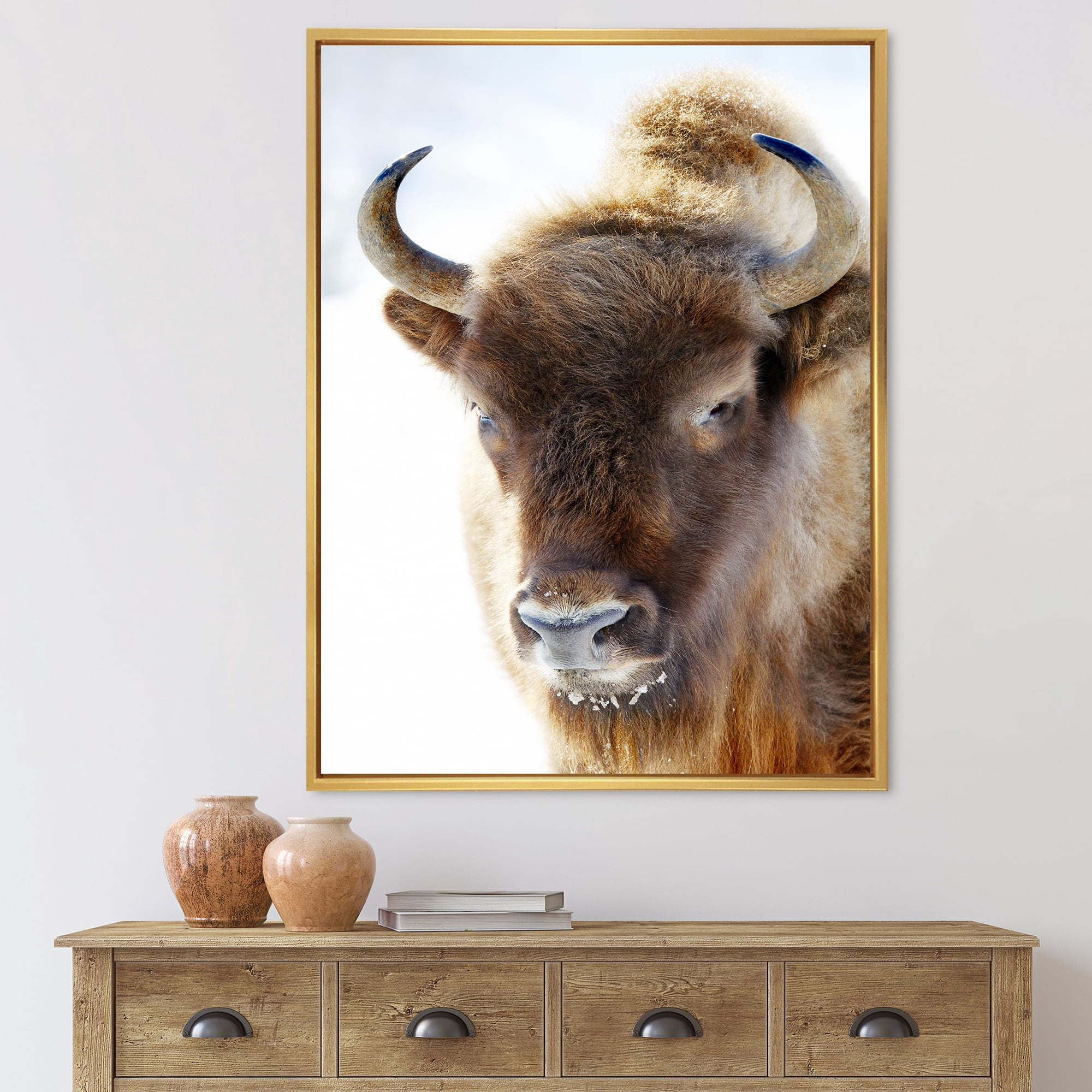 Designart 'Close UP Of Wild Bison' Farmhouse Framed Canvas Wall Art Print
