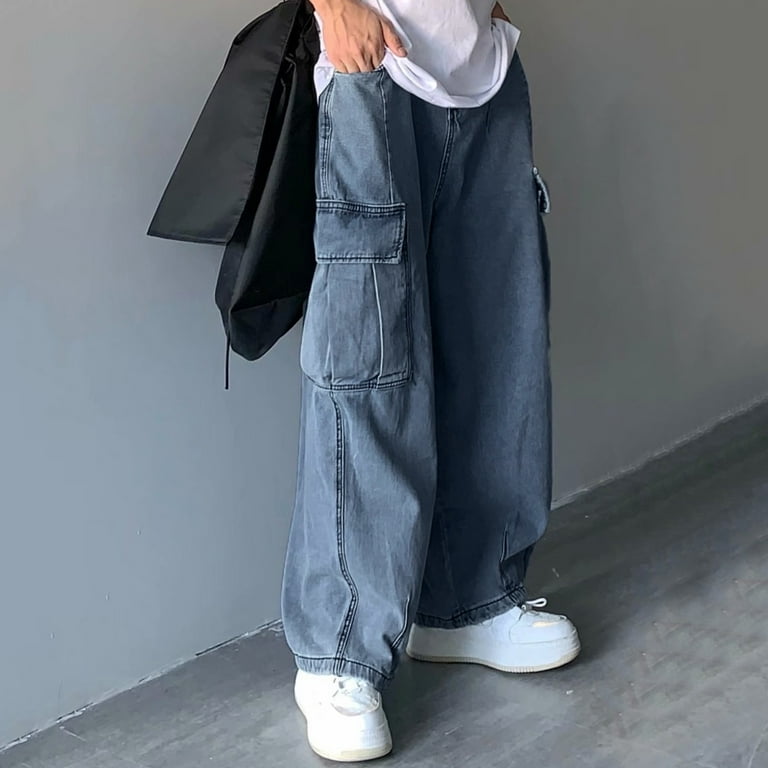EHQJNJ Blue Jeans Men Relaxed Fit Stretch Waist Boot Cut Mens Retro Sag Loose Wide Leg Casual Large Pocket Cargo Denim Wash Daddy Pants Blue Jeans Men