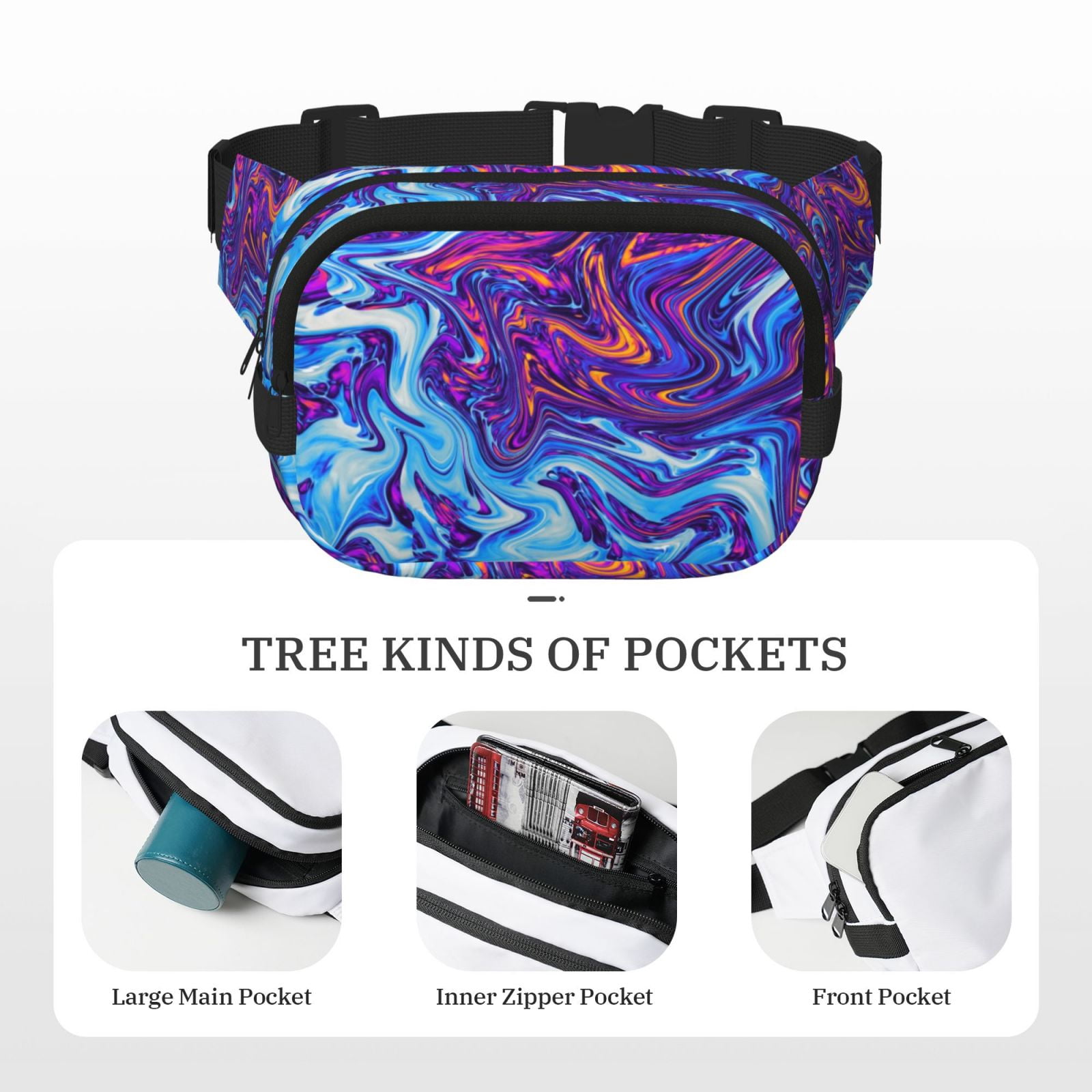 Picia Swirl Print Blue Purple Print Square Double-Layer Waist Bag Mini Adjustable Waist Belt Bag Exercise Running Travel Hiking