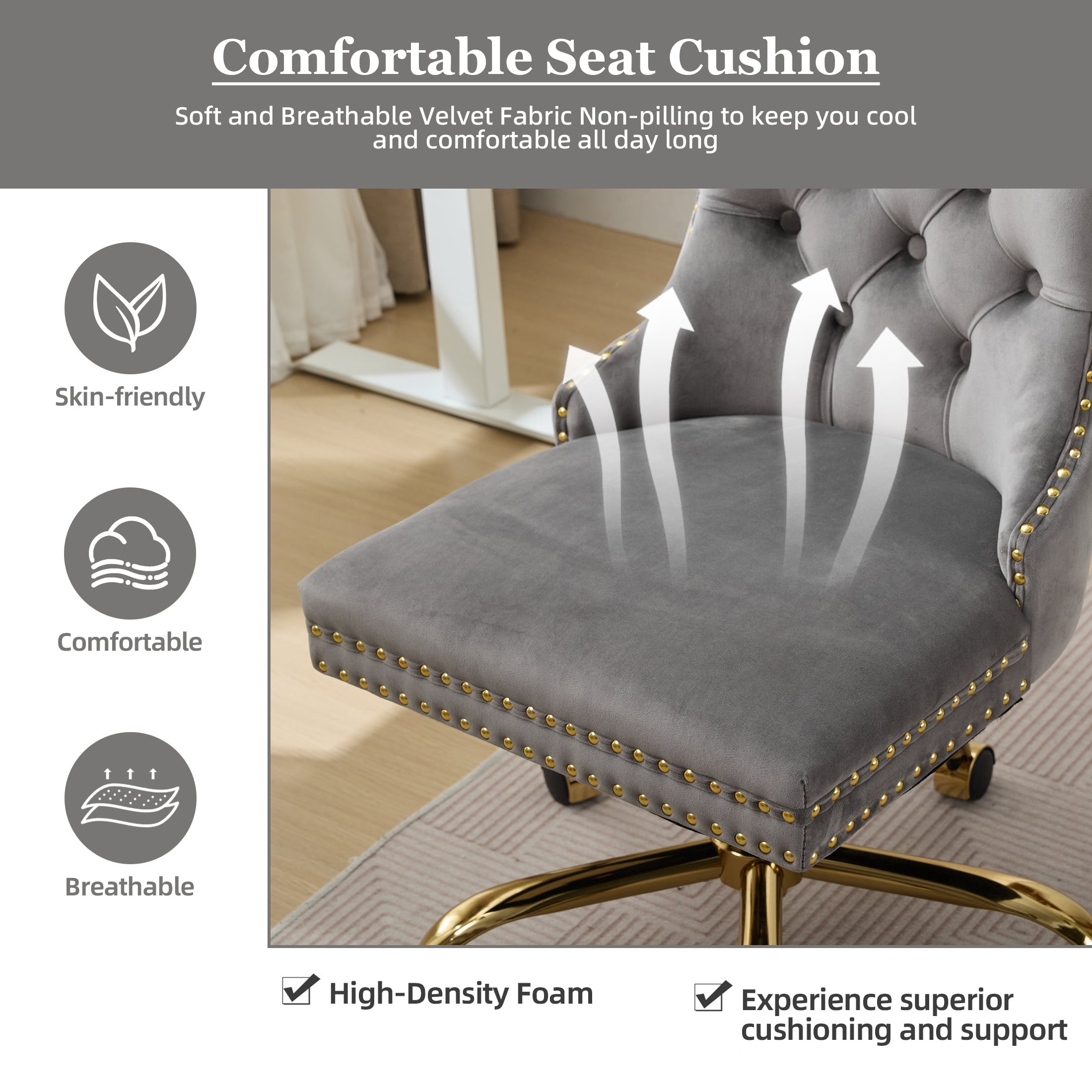 PAPROOS Vanity Chair, Swivel Home Office Chair, Ergonomic Home Desk Chair with Golden Metal Base, Adjustable Height, Velvet Upholstered Tufted Button Task Chair, Gray