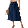 thumbnail image 2 of Women's High Waist Midi Skirt Ruffle Elastic Waist Tie Bow Side Pockets Solid Color Summer Beach Casual A-Line Skirt 03-Dark Blue XL, 2 of 5