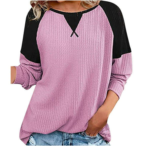 Abcnature Women's Long Sleeve Tops O-Neck Patchwork Casual Loose T-Shirts Blouse Tunic Tops with Thumb Holes Purple S