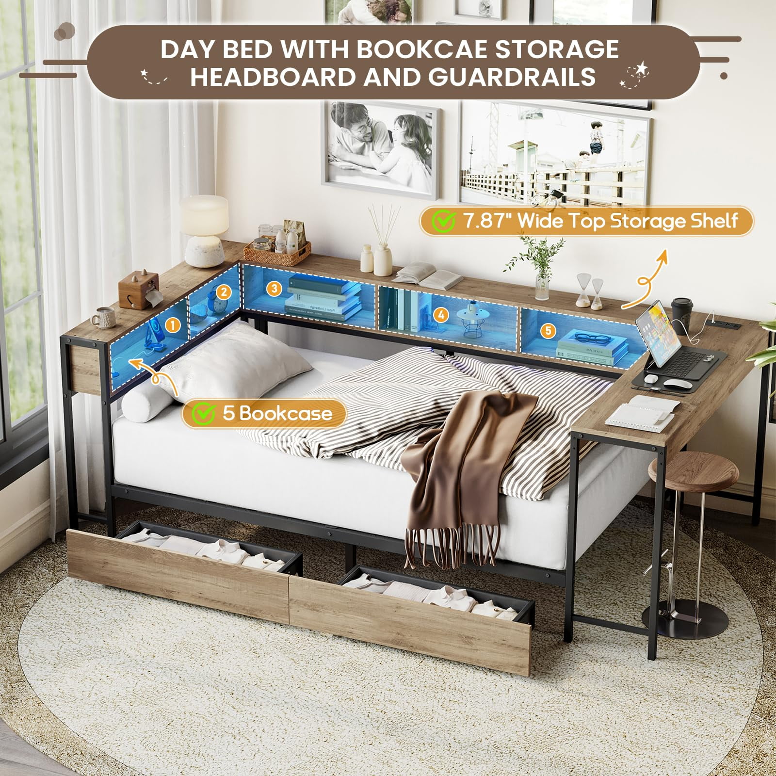 Miniyam Full Size Daybed with Desk and Bookcase Headboard, LED Light Bed with Charging Station and Storage Drawers for Teen, Gray