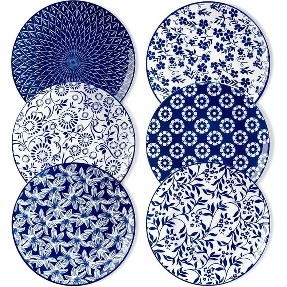 Ceramic Salad Plates Set of 6, Small Vintage 8.25 Inch Plate Set of 6 for Kitchen, Porcelain Blue and White Dessert Plates for Kitchen, Microwave Oven Dishwasher Safe, Vintage Gift