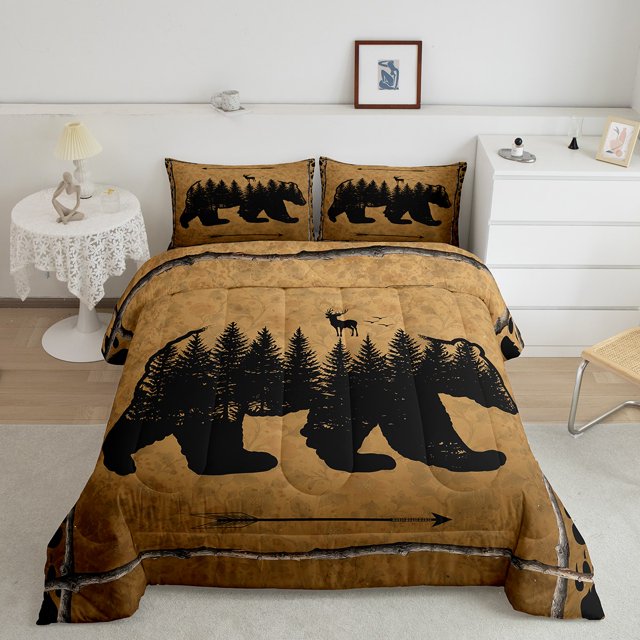 Erosebridal Wild Bear Bedding Sets Toddler with Comforter, Rustic Hunting Duvet Insert, Tree Branches Decor, Microfiber 2-Piece