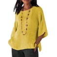 thumbnail image 4 of Ropa de mujer Camisa de cuello redondo de manga 3/4 Top casual de lino de algodón, Amarillo, 5XL Methold  AP002239-08, 4 of 5