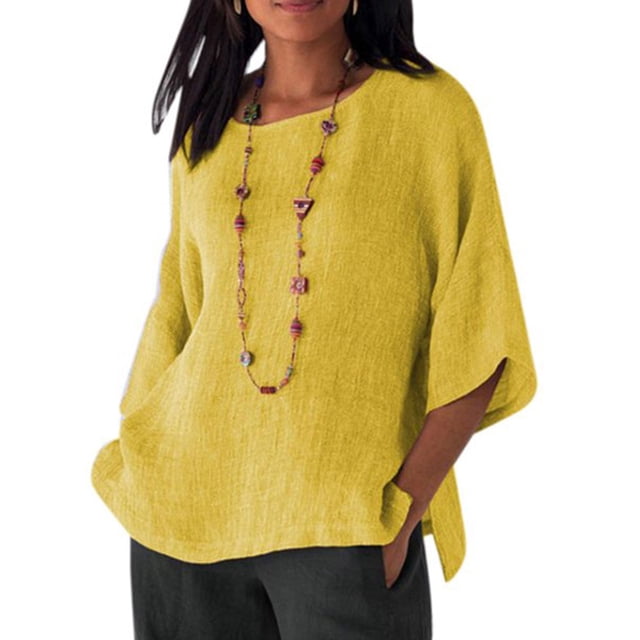 Sonducket Ropa de mujer Camisa de cuello de manga 3/4 Top casual de lino de algodón de manga 3/4 Prendas para la parte del cuerpo amarillo XXL